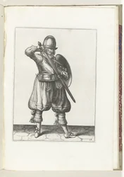 Cvičení The Shield and Spike: The Soldier Resheathing His Rapier (č. 24), 1618 Nassausche Wapen-Handelinge, van Schilt, Spies, Rappier a Targe: vyobrazeny beyde figuerlick a zarámované podle nového řádu [z] (...) Maurits van