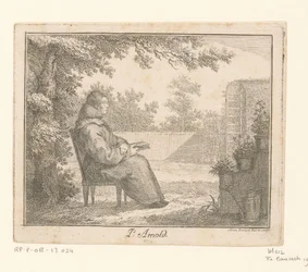 Portrét Arnolda a Sancta Clara s knihou v zahradě P. Arnold (titul na objektu)