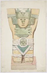 Caryatid III, vnější komora, Horní chrám Jaguárů (Chrám A), Chichen Itzá, Mexiko (akvarel)