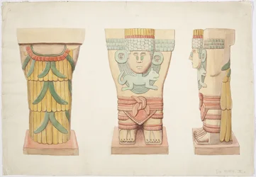 Caryatid II, vnější komora, Horní chrám Jaguárů (Chrám A), Chichen Itzá, Mexiko (akvarel)