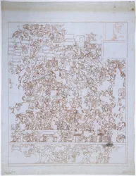 Kopie nástěnné malby, Horní chrám Jaguárů, South End, Západní zeď, Horní chrám Jaguárů, Chichén Itzá, Mexiko (červený inkoust a grafit)