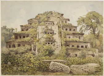 Malba zničeného chrámu (Pyramid of the Nicches) v El Tajin, Papantla, Mexiko (akvarel)