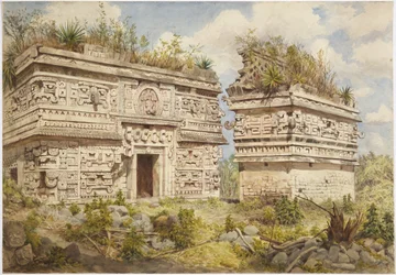 Ruiny v Chichen Itza, Yucatan, Mexiko Zobrazuje východní fasádu budovy A a Iglesia (akvarel)