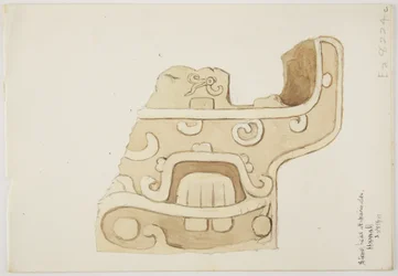 Ruiny/kamenné reliéfy v chrámu v Uxmal, Mexiko zobrazující část kamenné řezby (akvarel)