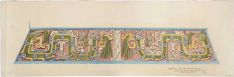 Kamenný reliéf z Xochicalco, Mexiko Jižní stěna Cerro Colorado, Tehuacan (akvarel)