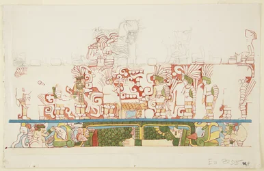 Kamenný reliéf ze středu severní zdi, severní budova C, Ball Court, Chichen Itza, Mexiko (akvarel)
