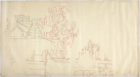Obkreslování nástěnné malby z Casa de Monjas, Chichen Itza, Mexiko Obkresleno a napuštěno černým a červeným inkoustem (červený a černý inkoust a grafit)