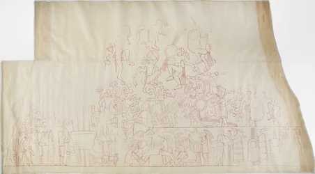 Trasování nástěnné malby z jižního klenebního stropu, Horní chrám jaguárů, Chichen Itzá, Mexiko    (červený inkoust)