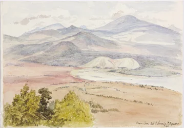 Pohled z Cerro del Calvario, Patzcuaxo na jedné straně papíru a na druhé je pohled na starobylou pevnost a kamenné mohyly, Iguatcho z Cerro del Calvario, Patzcuaro, Michoacan, Mexiko (akvarel)