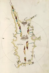 Mapa ostrova Kypr, ilustrace z atlasu Portolano, od admirála Piriho Reise (1465-1470 - 1553-1554)