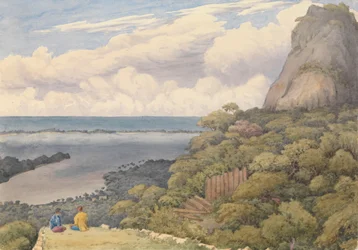 "Bora bora [Society Islands], ze zničené domorodé pevnosti nad hlavní vesnicí na východní straně ostrova, 5. září 1849".