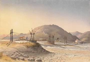 "Visutý most z kožených řemínků (ale opravený řetězem) přes Maypu, pět mil jižně od Santiaga, Chile, 11. ledna 1851".
