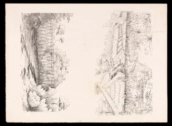 Vesnice kmene Stangů, Sarawak, Borneo; a most z kůlů přes řeku ze Západní Indie, Severní Ameriky a Bornea, cca 1845 (litografie)