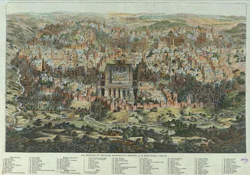 Celkový pohled na historický a moderní Jeruzalém. Dílo Adolfa Eltznera (1816-1891), litografie kolem roku 1862. Německé umění, kartografie 19. století. Soukromá sbírka.