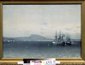 Rusko-turecká (ruskoturecká) válka 1877-1878: "Město Theodosia (nebo Feodosija) na Krymu bombardováno tureckou flotilou v roce 1878"" (Turecká flotila bombardovala město Feodosija v roce 1878) Obraz Adolf Fessler (1826-1885) 1878 Stát Treťjakov G