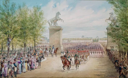 Car Alexandr I. (1777-1825) stoupá se svou armádou v Paříži na Champs Elysees v roce 1814. Obraz Adolfa Karla Velikého (1827-1901)