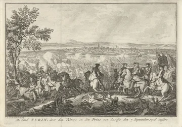 Reliéf Turína, 1706 Město Turín, znesvěcené vévodou a princem Savojským dne 7. září 1706 (název na předmětu)