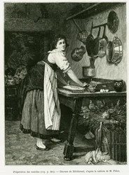 Příprava nudlí. Rytina od Hildibranda k ilustraci příběhu A Through Alsace and Lorraine, v roce 1887, Charles Grad, německý zástupce, v tour du monde 1888, režie Edouard Charton (1807-1890), Hachette, Paris.