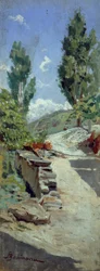 Cesta v kopcích od Adolfa Belimbau (1845-1938), olej na panelu, 23x9 cm