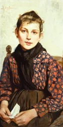 Sedící dívka Adolfo Belimbau (1845-1938), olej na plátně, 71x37 cm