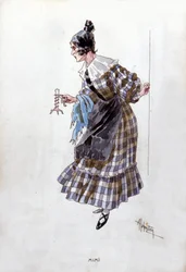 Kostým postavy Mimì pro operu „La Bohème“ Giacoma Pucciniho (1858-1924). Akvarel od Adolfa Hohensteina.