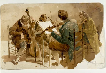 Čtyři hudebníci Tři houslisté a jeden violoncellista. Plakát Adolfa Hohensteina (1854-1928) Rozm. 293x454 cm Soukromá sbírka