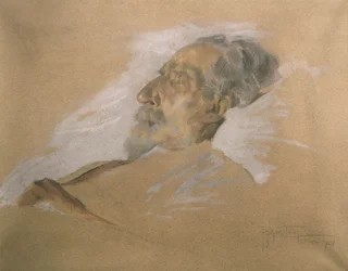 Giuseppe Verdi na smrtelné posteli (tužka s praním a bílým zvýrazněním na papíře)
