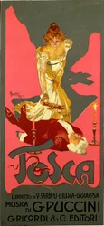 Plakát ve stylu Liberty k opeře „La Tosca“ Giacoma Pucciniho (1858-1924), 1906, rozměry 30x13,5 cm, ilustrace Adolfa Hohensteina (1854-1928), Milán, soukromá sbírka