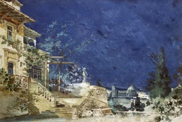 Scénografie Adolfa Hohensteina (1854-1928) pro premiéru Zanetto, opery Pietro Mascagni (1863-1945)