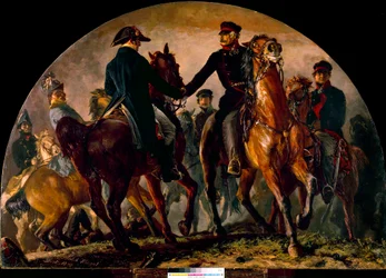 Setkání Gebharda Leberechta von Bluchera (1742-1819) a Arthura Wellesleyho Wellingtona (1769-1852) v bitvě u La Belle Alliance (1815). Obraz Adolfa Menzela (1815-1905) Ec. Všechno