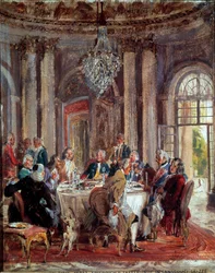 Kulatý stůl Fridricha II. Pruského (1712-1786) s Voltairem (François Marie) Arouetem de Voltaire (1694-1778) a Christophem Ludwigem von Stillem (1696-1752) v paláci Sanssouci