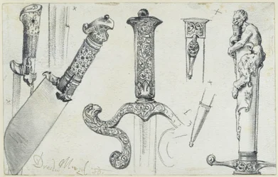 Pastýřský nůž z konce 16. století, lovecký meč z první poloviny 17. století a lovecký nůž „Permoser“ z počátku 18. století, Historické muzeum, Drážďany