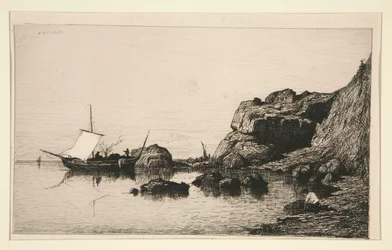 Rybářská loď připlouvající ke skalám Collioure (Pyrenees Orientales)