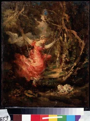 ""Sur la balancoire"" (Na houpačce) Obraz Adolphe-Thomas-Joseph (Adolphe Thomas Joseph) Monticelli (1824-1886). Olej na dřevě. Puškinovo muzeum, Moskva