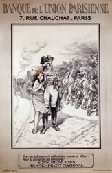 Banka Pařížské unie: „Aby Francie zvítězila jako u Valmy! Za osvobození území! Upisujte všichni 4. národní půjčku!“ Ilustrace Adolpha Willetta (1857-1926)