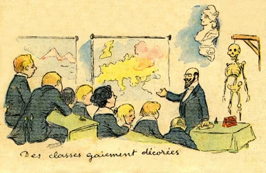 Třídní učitelka před žáky v uniformě, v místnosti "vesele vyzdobené" (zeměpisné mapy, busta Marianny a... kostra!) v roce 1900. Kresba A. Wilettea v ilustrované příloze Depeche de Toulouse č. 41, 12. října.