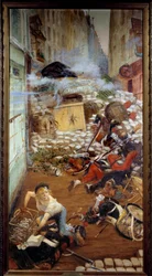 Gavroche má barikádu. Ilustrace k „Bídníkům“ Victora Huga (1802-1885). Obraz Adolpha Willettea (1857-1926), 19. století, Paříž, Maison Victor Hugo