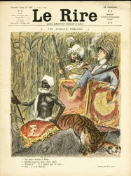 Ilustrace Adolphe dit Willette (1857-1926) pro obálku Smíchu, 8.5.2009 - Divoká zvířata - antifeminismus, koníčky, lovci, Indie, anglická Indie, zvířata - slon, ženy, tygr