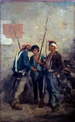 Revoluce z roku 1848: „“heslo““““ Pařížské povstání procházejí kolem barikád v den 24.2.1848. Obraz Adolphe Pierra Leleuxe (1812-1891) 1848 Sun. 0,93 x 0,58 m