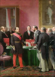 Napoleon III (1808-73) předává v červnu 1859 dekret povolující připojení pařížských předměstských obcí baronu Georgesi Haussmannovi (1809-91)