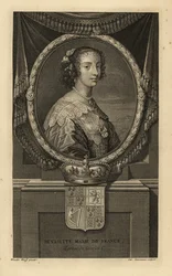 Henrietta Maria Francouzská, manželka anglického krále Karla I. Henriette Marie de France. V šatech s krajkovým límcem, perlový náhrdelník. S korunou a erbem. Mědirytina Charlese Simonneaua podle Adriaena van der Werffa z H od Isaaca de Larreyho