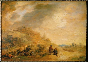 Krajina v dunách (malba na dubovém dřevě)