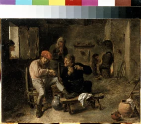 "Scéna ve vesnické hospodě"" (Tavern Scene (The Village Fiddler)) Malba Adriaena Brouwera (asi 1605-1638) 1634-1638 Rozměr 25x33,5 cm Muzeum Ermitáž, Petrohrad
