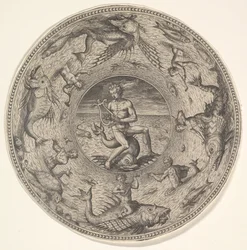 Arion na delfínovi obklopeném hranicí zdobenou mořskými tvory, ze souboru..., 1580-1600.