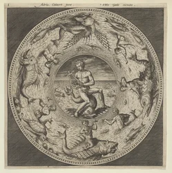Design pro talíř s Arionem jezdícím na delfínu v medailonu ohraničeném mořskými příšerami..., c1600.