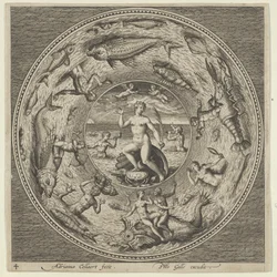 Design pro talíř s Galateou na skořápce lemovaný trubači v medailonovém okraji..., c1600.