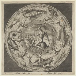 Design pro talíř s Neptunem ve skořápce nakresleným koňmi v medailonu ohraničeném ..., c1600.