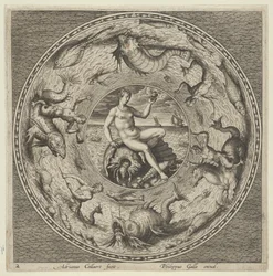 Design pro talíř s Thetis na skořápce v medailonu ohraničeném mořskými příšerami, c1600.