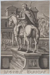 Deska 2: jezdecká socha Augusta, držící zeměkouli při pohledu zezadu, s ..., ca. 1587-89.