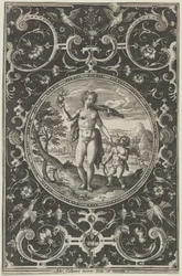 Venuše a Amor v dekorativním rámu s groteskami, ze Soudu v Paříži..., c1580-1600.